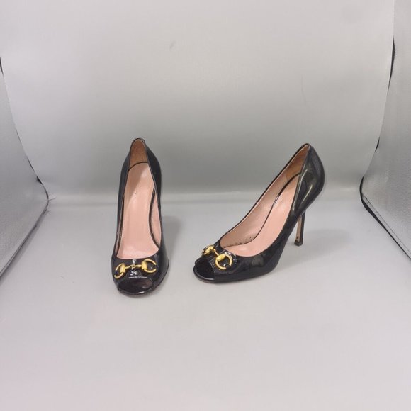 Gucci Shoes - GUCCI Horsebit Heels Size UK 5.5 EU 38.5 Black Patent Leather Peep-Toe Stiletto